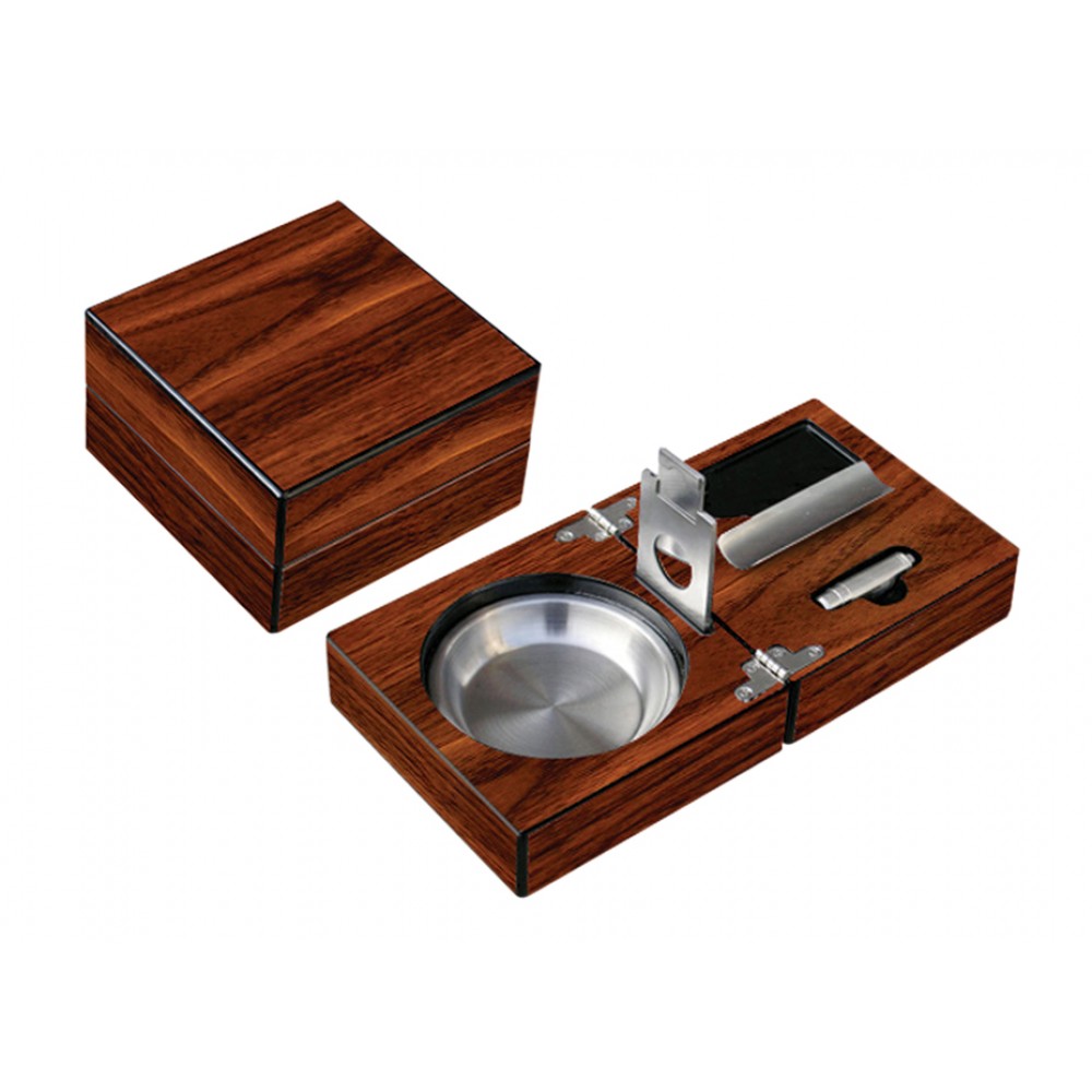 High Gloss Walnut Folding Ashtray Set w/ Accessories