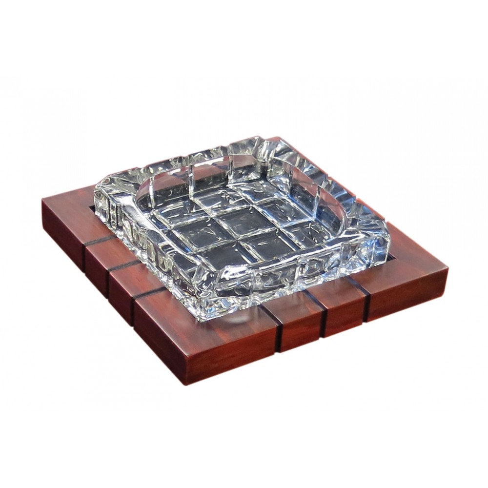 4 Cigar Cross-Hatched Crystal Ashtray on Wood Base