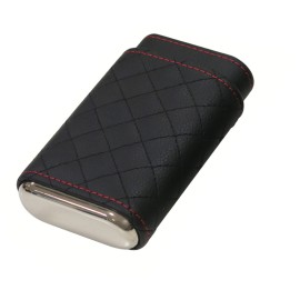 3 Cigar Diamond Stitched Case w/ Polished End Caps (Black w/ Red Detail)