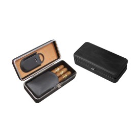 3 Cigar Folding Leather Travel Case w/ Cutter (Black)