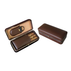 3 Cigar Folding Leather Travel Case w/ Cutter (Brown)